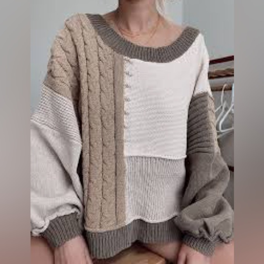 POL Patchwork Cable Knit Sweater in Cream, Beige, and Taupe